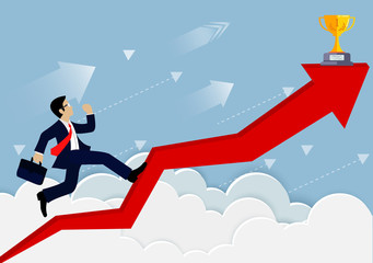 Obraz premium Businessman running on a arrow red. up to the sky. go to goal and business finance success. leadership. creative idea. cartoon vector illustration