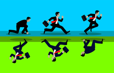 Businessmen run competition go to goal. The concept of the opposite route. of financial business. leadership. cartoon vector illustration 