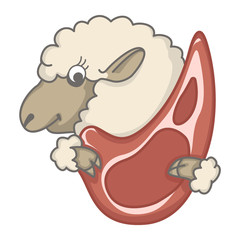 A smiling sheep holds and shows mutton meat that is being produced from it. The image can be placed in a circle. Vector on a transparent background.