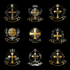 Christian Crosses emblems set. Heraldic Coat of Arms decorative logos isolated vector illustrations collection.