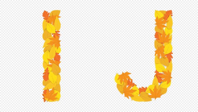Illustration of letters I and J alphabet, autumn yellowed leaves, decoration, design.