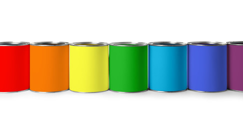 Set of different paint cans on white background. Space for design
