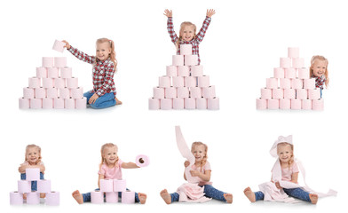 Set with cute little girl and toilet paper on white background