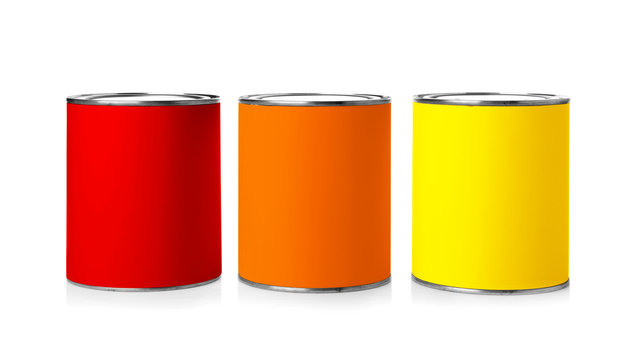 Set of different paint cans on white background. Space for design