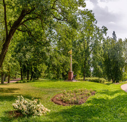 Public Park in the restored estate. A place of rest and walks in the Leningrad region.