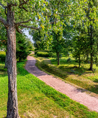 Fototapeta na wymiar Public Park in the restored estate. A place of rest and walks in the Leningrad region.