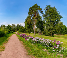 Public Park in the restored estate. A place of rest and walks in the Leningrad region.