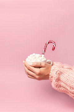 Female Hands In Knitted Sweater Holding Cup Of Marshmallows And Christmas Candy Cane On Pink Background Flat Lay Copy Space. Winter Traditional Food Festive Decor Celebration Presents Xmas Holiday