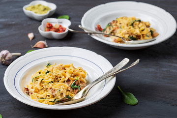 sweet potato tagliatelle with bacon, sun-dried tomatoes and spinach