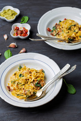 sweet potato tagliatelle with bacon, sun-dried tomatoes and spinach