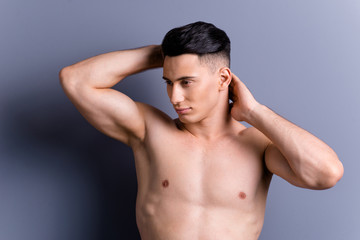 Fototapeta premium Portrait of lovely confident attractive brunet man look aside ho