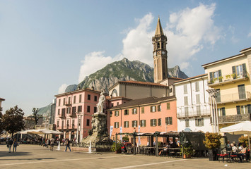Lecco, historic center with bell tower, Italy - obrazy, fototapety, plakaty