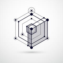 Mechanical scheme, black and white vector engineering drawing with 3D cubes and geometric elements. Engineering technological wallpaper made with honeycombs.