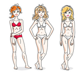 Happy attractive young women standing in colorful bikini. Vector people illustrations set.