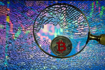 Bitcoin crash,decline.Security problem. Crypto currency bear market or depression concept.Crisis on crypto currency investment trading metaphor.Broken glass background