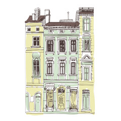 European retro house facade isolated on white background. Lviv old town house hand drawn sketch.