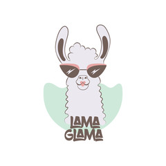 Llama in sunglasses and lipstick. Female lama glama cartoon vector illustration. Glamorous llama for your design.