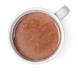 Tuinposter Warme chocolademelk of cacaodrank in een kopje of mok. Bovenaanzicht van warme chocolademelk, geïsoleerd op een witte achtergrond. © eivaisla