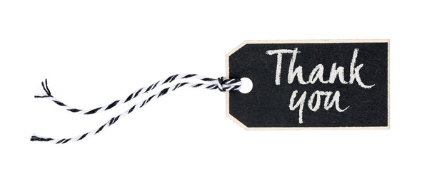 Black tag on a white background with the text Thank you