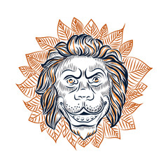 Lion head surrounded with leaves vector sketch. Lion face decorative illustration.