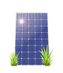 Solar panel with green grass on a white background. Vector illustation renewable energy. Ecological energy.