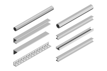 Metal pipes and corners in isometric style on a white background. Vector illustration