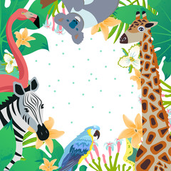 Vector illustration. Tropic background with cartoon style icons of zebra, giraffe, flamingo, koala, parrot ara. Cute characters in frame for different design. © Trika