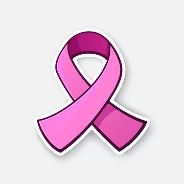 Vector illustration. Pink ribbon, international symbol of breast cancer awareness. Sign of moral support for women. Sticker in cartoon style with contour. Isolated on white background