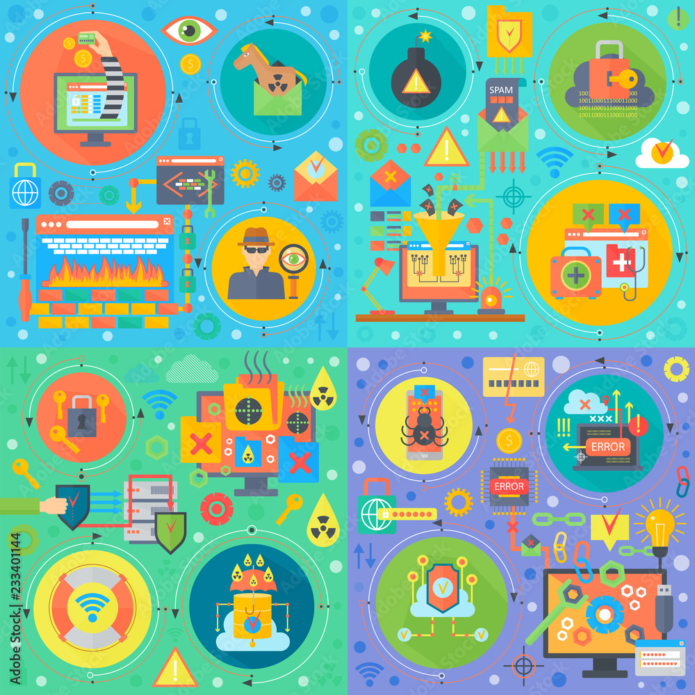 Aufkleber Cyber security square concepts set. Online security, hacker, hacker virus atack, infected files, user digital protection flat vector design vector illustration.