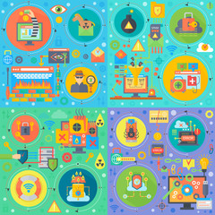 Cyber security square concepts set. Online security, hacker, hacker virus atack, infected files, user digital protection flat vector design vector illustration.