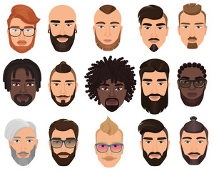 Hipsters stylish bearded men with different color hairstyles, mustaches, beards isolated.