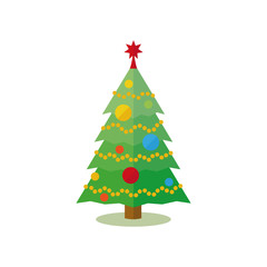 Christmas Tree decorated with baubles and garland Vector Icon