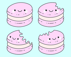 Cuties Cartoon Macaron on pastel blue background, pastel pink colors. Vector Illustration.