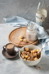 anola with milk and coffee breakfast