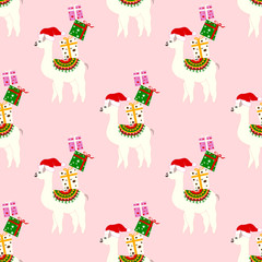 Christmas seamless pattern with cute llamas in hats. © LilaloveDesign