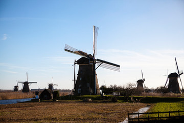 Dutch windmills, Holland, rural expanses . Windmills, the symbol of Holland.