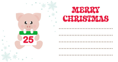 cartoon cute pig with christmas calendar sitting on the christmas card