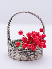 Fototapeta na wymiar christmas decoration red berries in a silver basket on white
