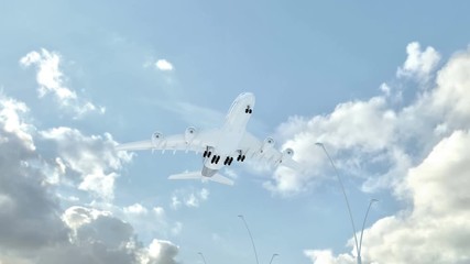 Cook Islands, approach of the aircraft to land in low-cloud weather, flying over the name of the country and its flag