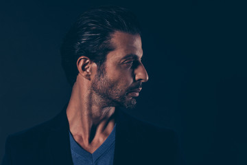 Close-up profile side view portrait of nice well-groomed self-co