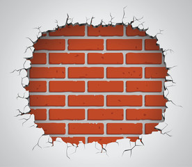A ruined wall, a big hole in a brick wall, break