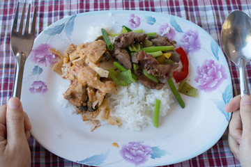 Rice topped with stir-fried pork and curry
