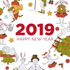2019 New year celebration, bunny with snowman winter character vector.