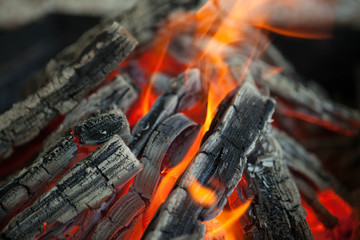 Beautiful fire with flames charred wood