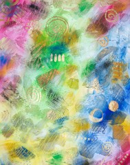 Malerei/ Gemälde/ Hintergrund bunt, Spiralen, Symbole, Strukturen/ Textur/ Texturen, Magenta, Rot, Gelb, Blau, Schwarz, Grün, Gold, Kupfer, Gouache und Acryl, Farben, Leinwand 