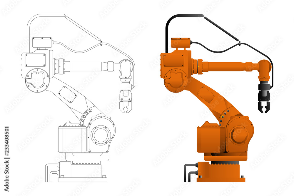 Poster Handling robot in drawing and design isolated on white background. Vector illustration EPS 10.