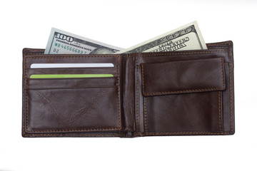 open  brown  leather wallet with cash  dollars