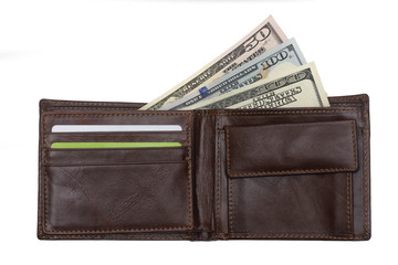 open  brown  leather wallet with cash  dollars