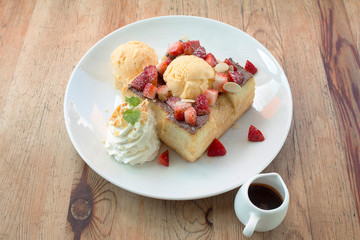 Toast Bread Pudding with ice cream and strawberry