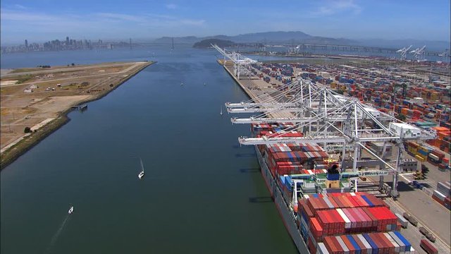 Aerial USA Pacific ocean docks Oakland Port San Francisco